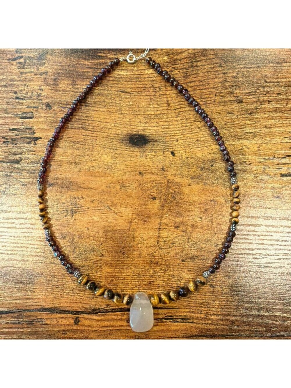 Vintage Rhodolite Garnet Tigers Eye White Chalcedony Drop Bead Necklace 925